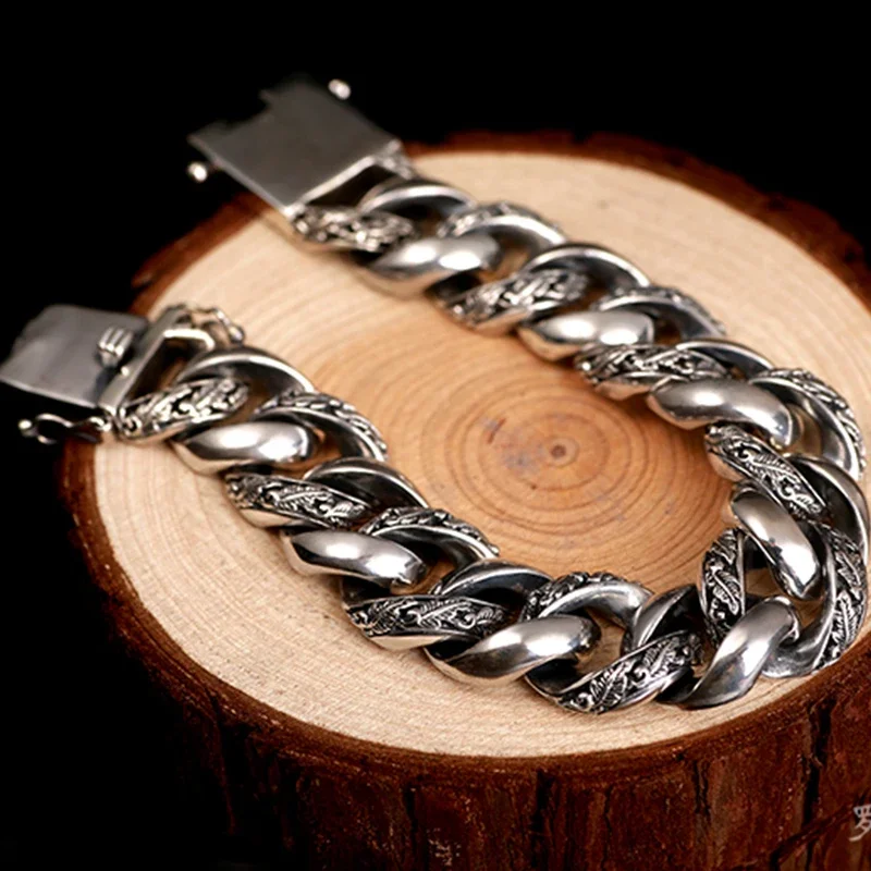 New Silver Color National Tide Retro Fashion Cuban Charm Bracelet Men Cuff Trend Domineering Street Fashion Jewelry