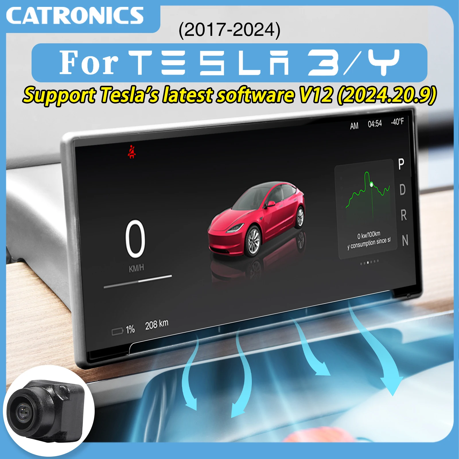 CATRONICS Head Up Display for Tesla Model 3 Highland Model Y Juniper 2025 8.9 Inch Carplay Support Energy Consumption Detection