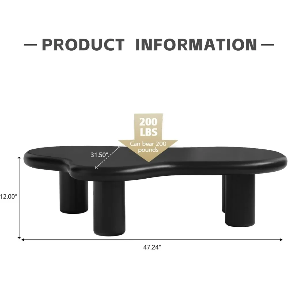 Table basse moderne en nuage noir, table basse basse de 47 pouces avec bord rond épais et 4 pieds, forme de nuage irrégulière de dessin animé mignon