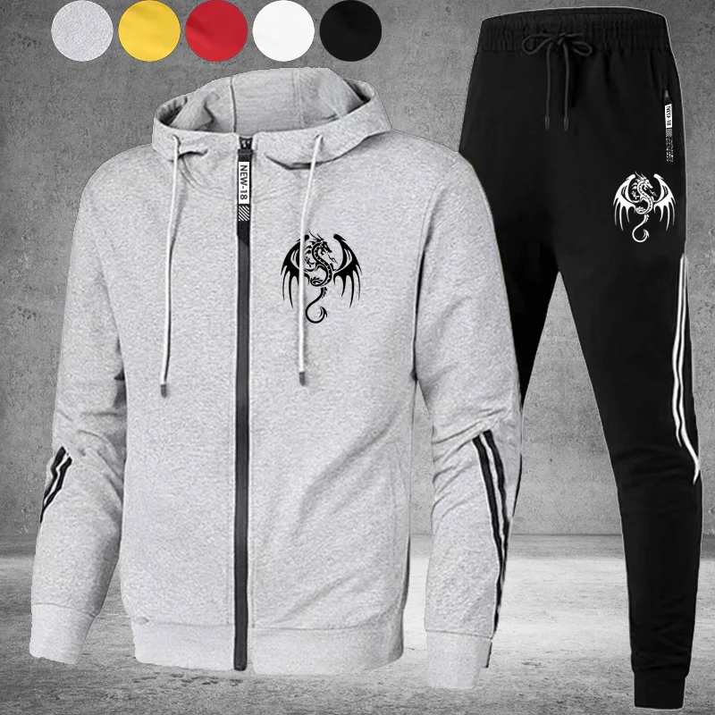 Fashion Men's Zipper Hoodie Jacket + Sports Jogging Pants Hooded Jacket Personalized Printed Hooded Cardigan Sweatshirt 2Pcs Set