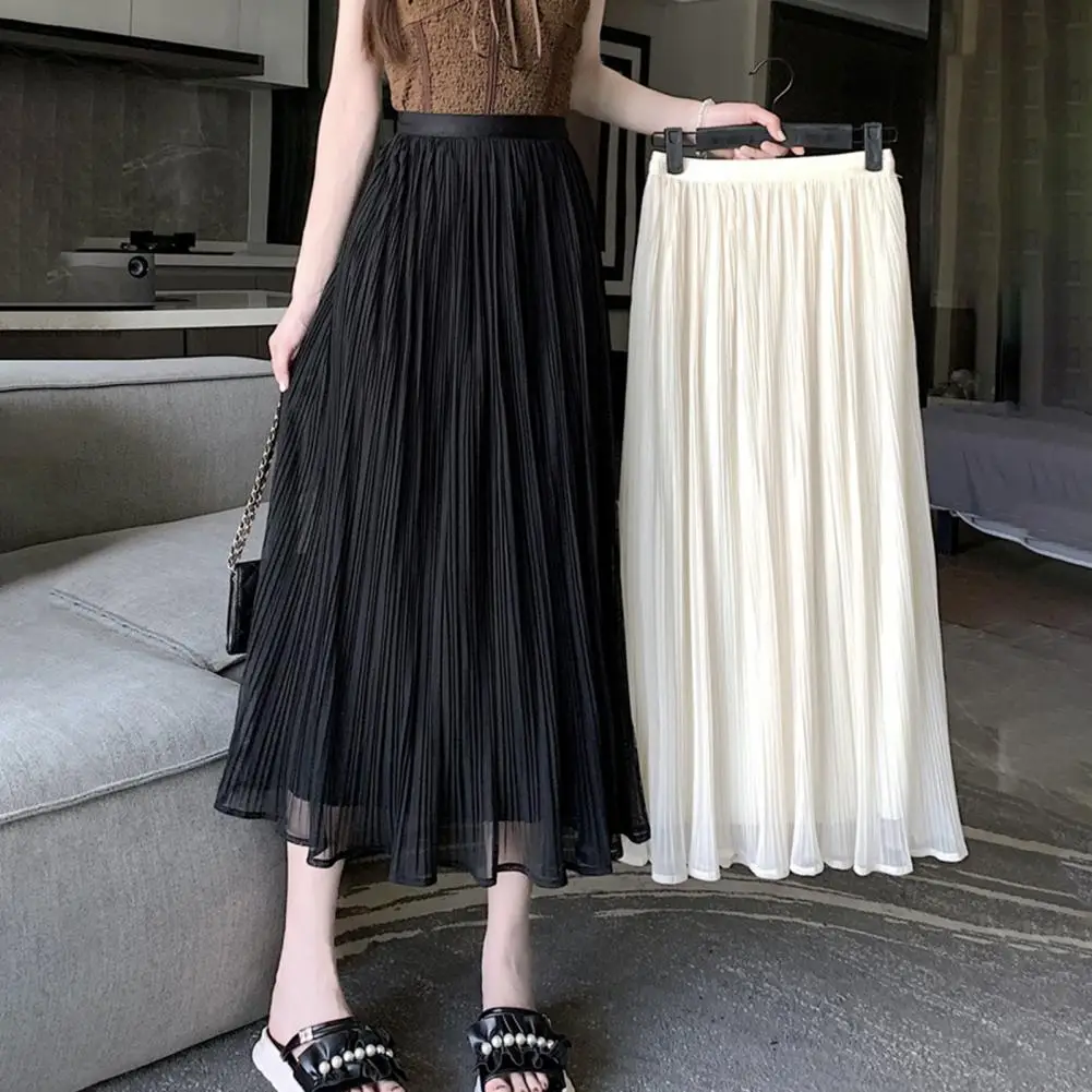 A-line Skirt Elegant Women's Pleated Skirt Collection Elastic Waistband Midi Skirt A-line Solid Color with for Daily for Every