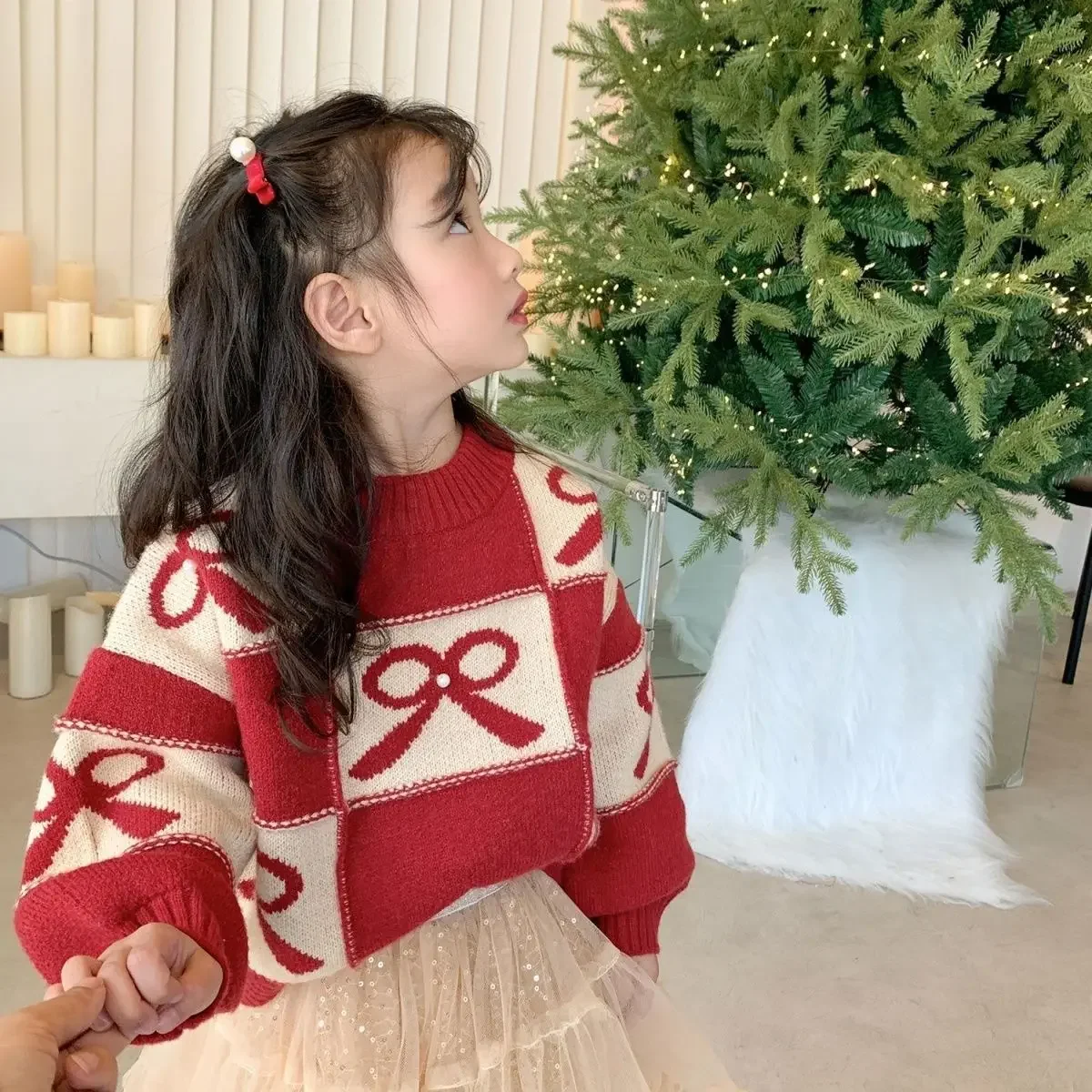 2024 Girls Sweater Thick Loose Childrens Autumn Winter Fashion Knitted Sweater with Bow Top for Girls Red Sweater