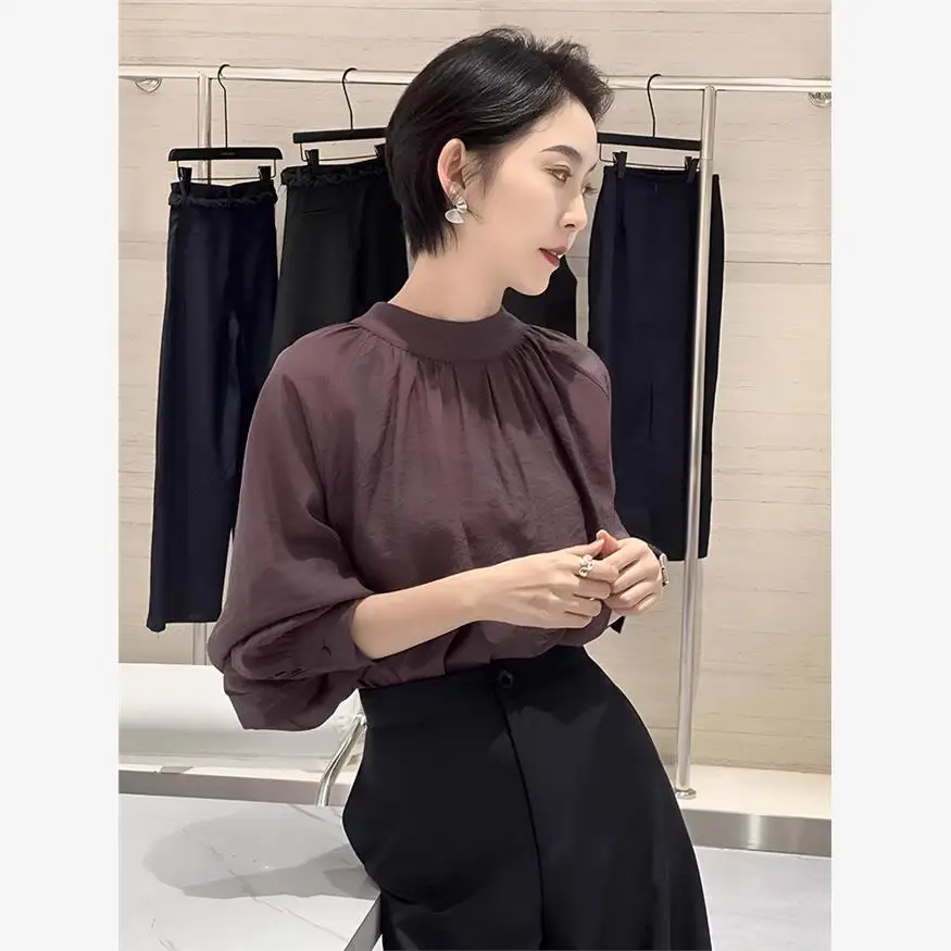 

Женская блузка с длинным рукавом и воротником-стойкой из легкого шифона, драпированная, для ранней осени, модный женский топ