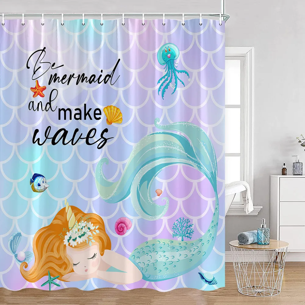 Cartoon Shower Curtains Ocean Animals Cute Whales Sharks Bathroom Curtai Kid Bath Decor Polyester Bathtub Decoration with Hooks