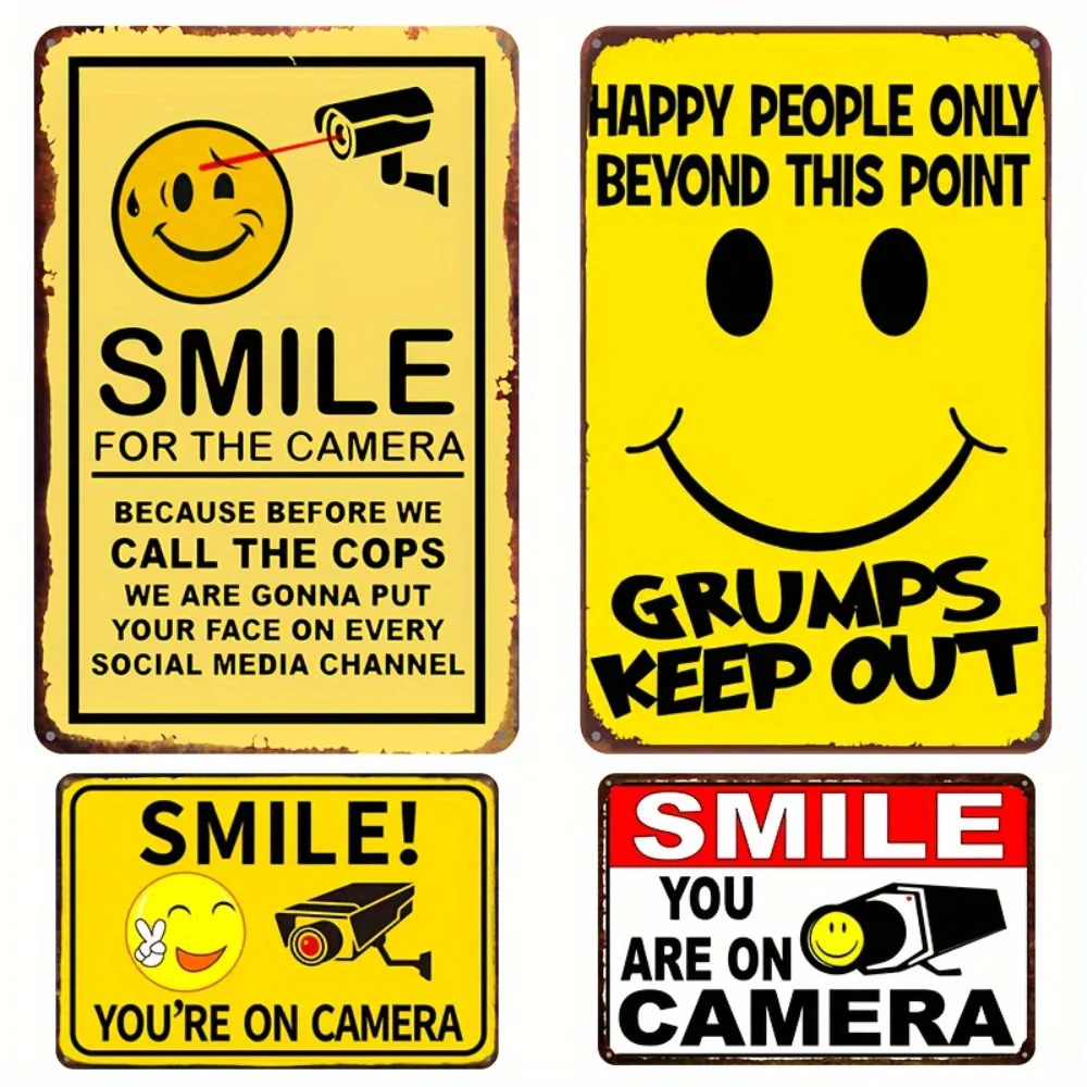 1pc, Tin Sign, Smile You on Camera Sign, Video Surveillance Sign Outdoor Aluminum Warning Sign Security Camera