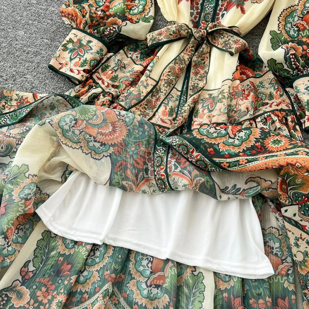 시크한 프린트 기본 스탠드 넥 슬림 싱글 브레스트 랜턴 슬리브, 레이스업 원피스 빈티지 여성 하이 스트리트 이브닝 파티 의류