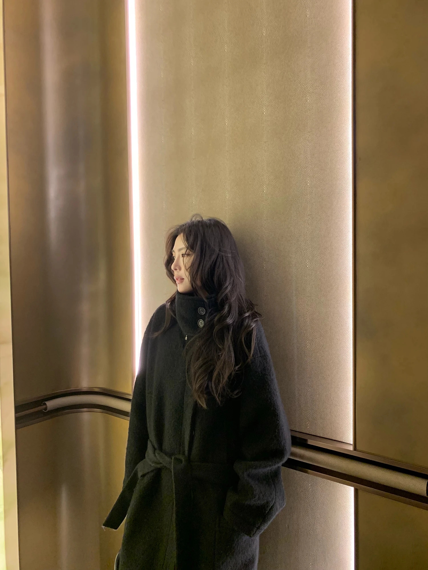 

mat Italian Sle Women's Wool Blend Coat with Belt High Collar Straight Leggings Long Sve Mid-Length Pure Color