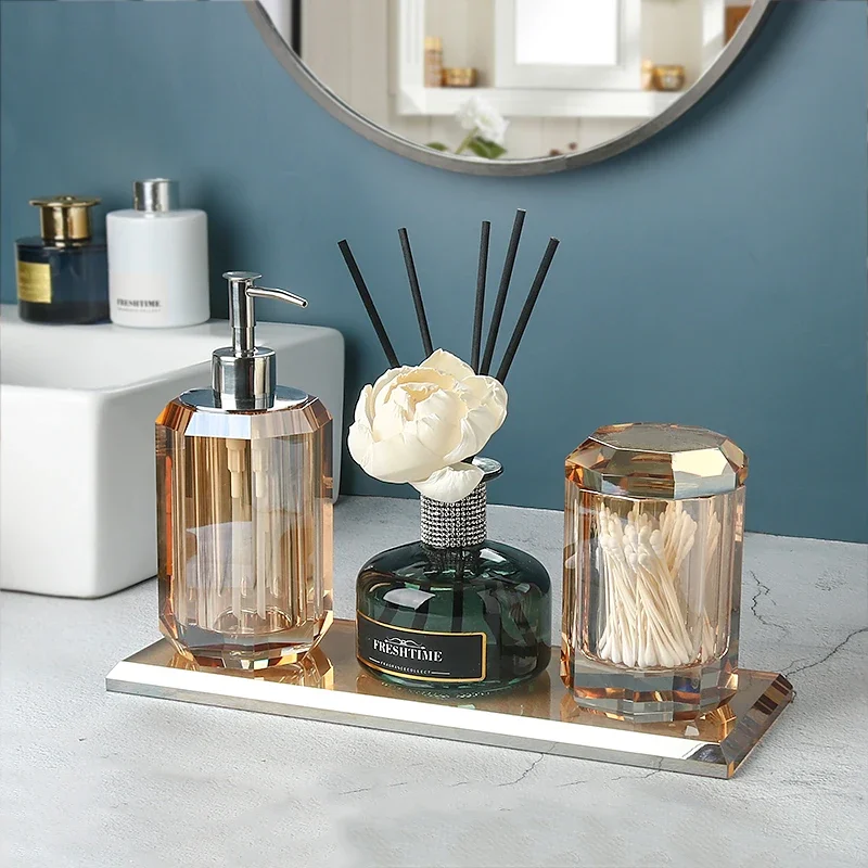 Luxury Crystal Glass Hand Sanitizer Dispensing Bottle Aromatherapy Tray Toothpick Box Clear Lotion Bottle Bathroom Accessories