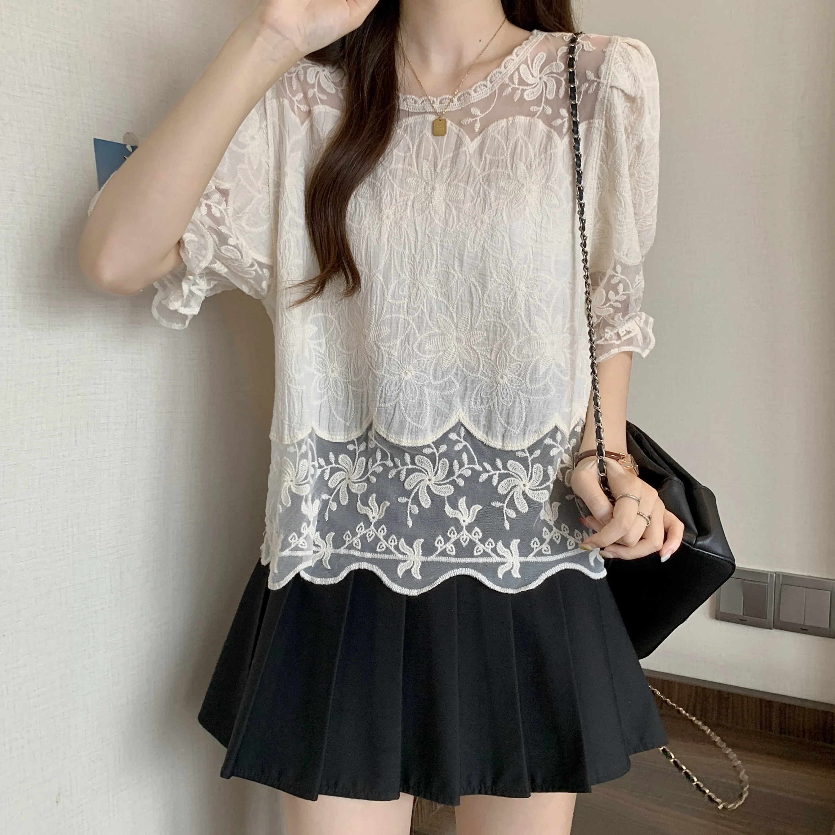 Sheer Floral Embroidery Lace Top Puff Sleeve Blouse for Women Spring Summer Korean Fashion Chic Outfit