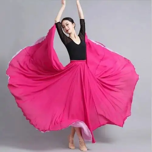 Flamenco Chiffon Dansrok Dames 720 Graden Effen Kleur Lange Rokken Danser Oefenkleding Chinese Stijl Rok met Grote Zoom