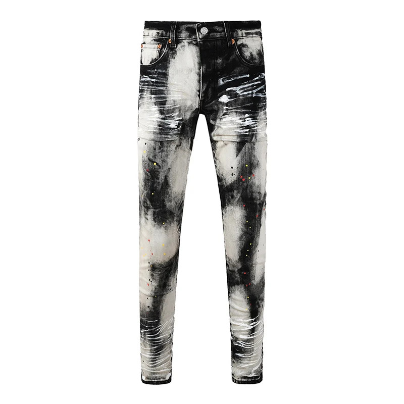 

Men's American High Street Distressed Graffiti Stretch Skinny Spray Painted Button Fly Ripped Jeans Pants