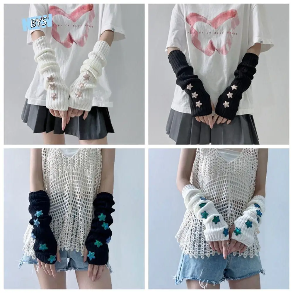 Simple Solid Color Star Knitted Gloves Gothic JK Wool Sleeve Cuff Keep Warm Long Arm Warmers Winter