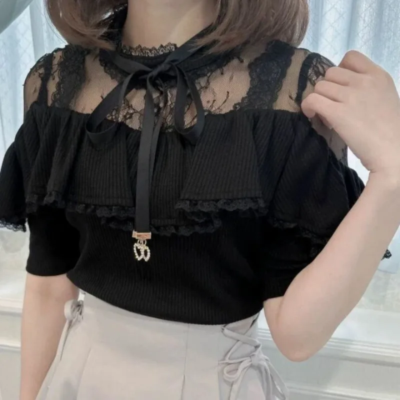 New Lace Stitching Off-the-shoulder Fake Two Sweet Sweaters 2024 Autumn Half Sleeve Ruffles Women Pullovers All-match Women Tops