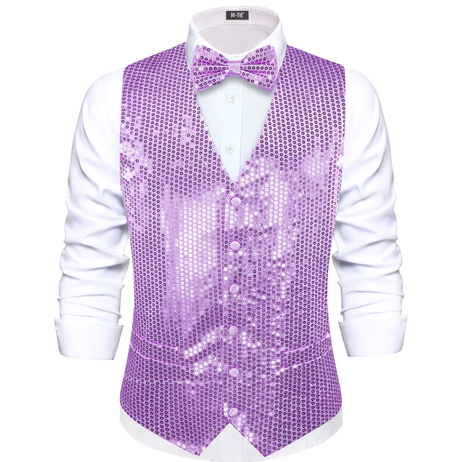 Hi-Tie Jacquard Light Purple Sequin Collar Suit Vest Slim Fit Waistcoat for Wedding Groomsmen V-Neck Tuxedo Sleeveless Jacket