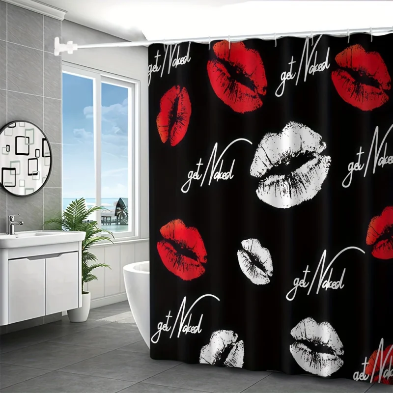 4pcs black and red lip print bathroom curtains, digital 3D printing, waterproof and mildew proof shower curtain set, bathroom cu