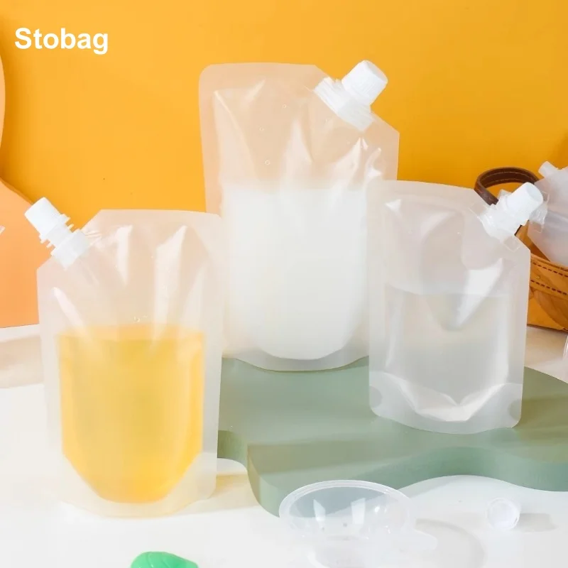 StoBag 50pcs Frosted Matte Liquid Nozzle Bags Packaging Drinking Clear Milk Juice Beverage Sealed Storage Reusable Pouches