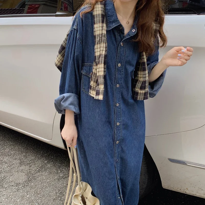 Shirt Dress Women Casual Long-sleeved Blue Denim Dress Pocket Elegant Denim Fashion Slim Denim Dress 2023 New Autumn and Winter