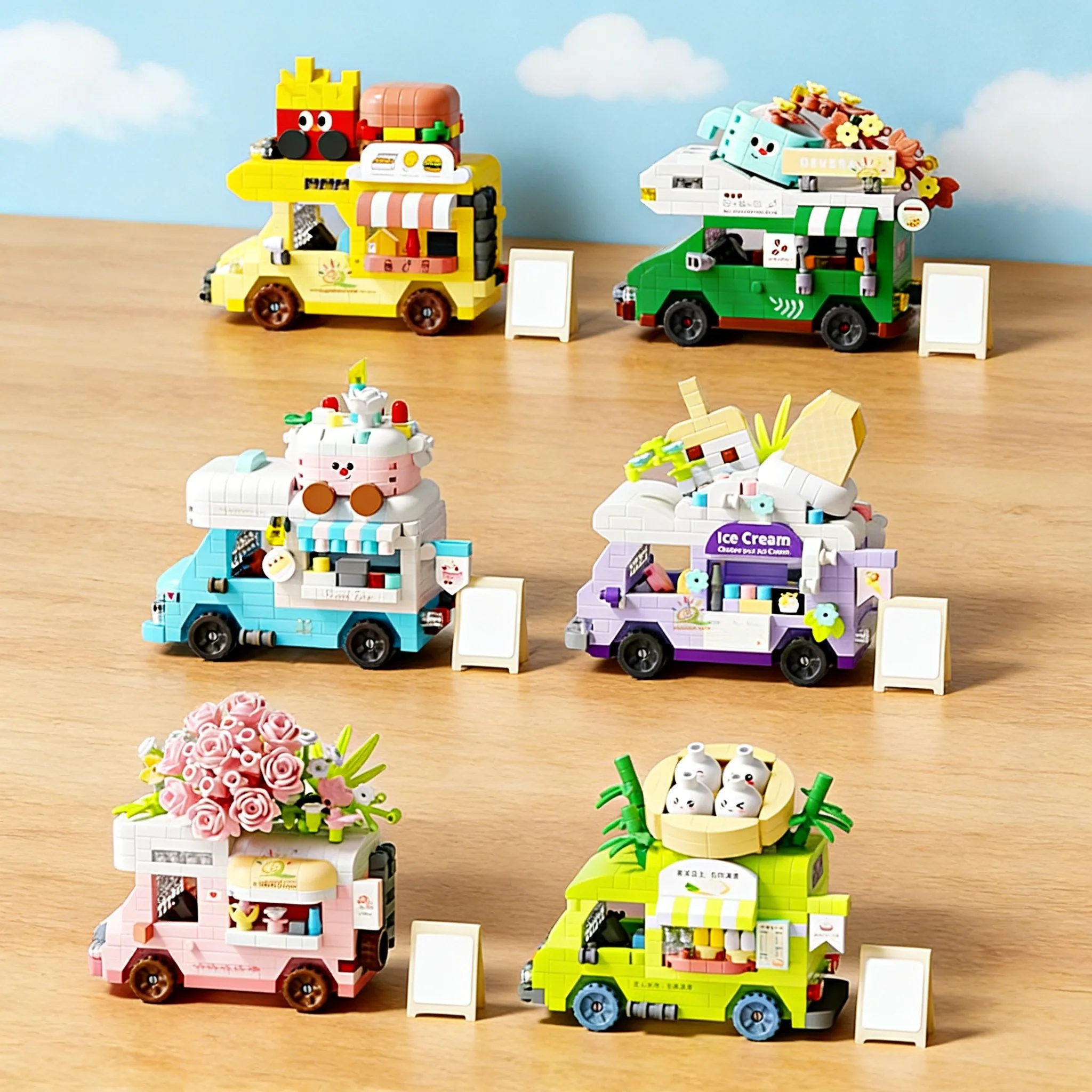 

DIY Car Food Hot Dog Cart Truck Ice Cream Store Flower Hamburger Street View Building Blocks Kit Bricks Model Kids Toy Children