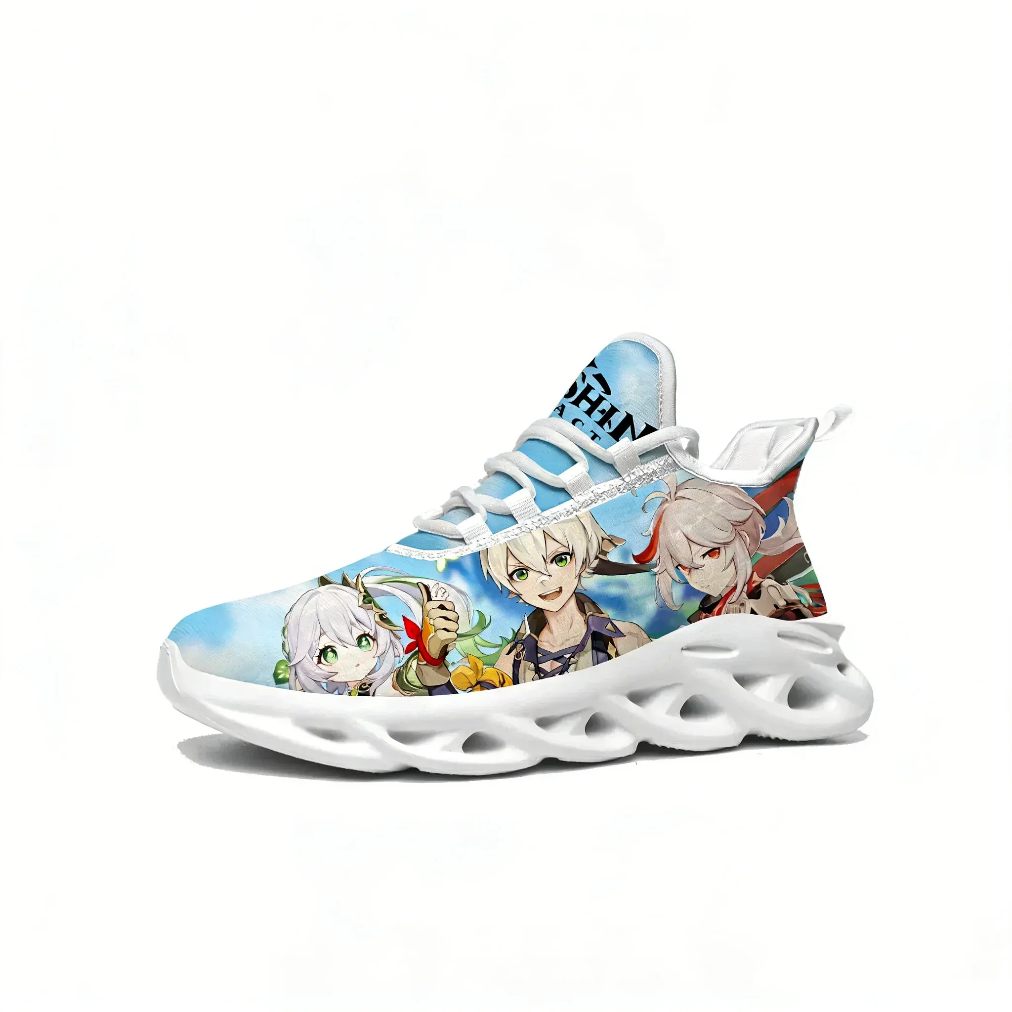 

Кроссовки на плоской подошве в стиле аниме и игр Genshin Impact для мужчин и женщин, спортивные беговые кроссовки на шнуровке с индивидуальным дизайном