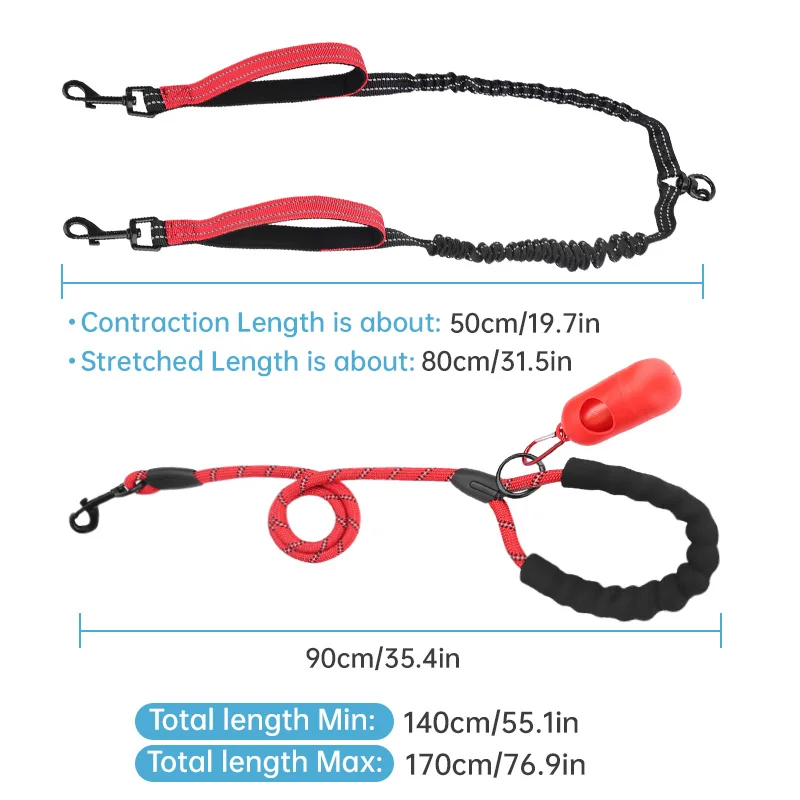 Double Dog Leash High-Quality Nylon Rope Double Leash For Large Dogs With Tangle Free Shock Absorbing Bungee Poop Bags Dogs Rope