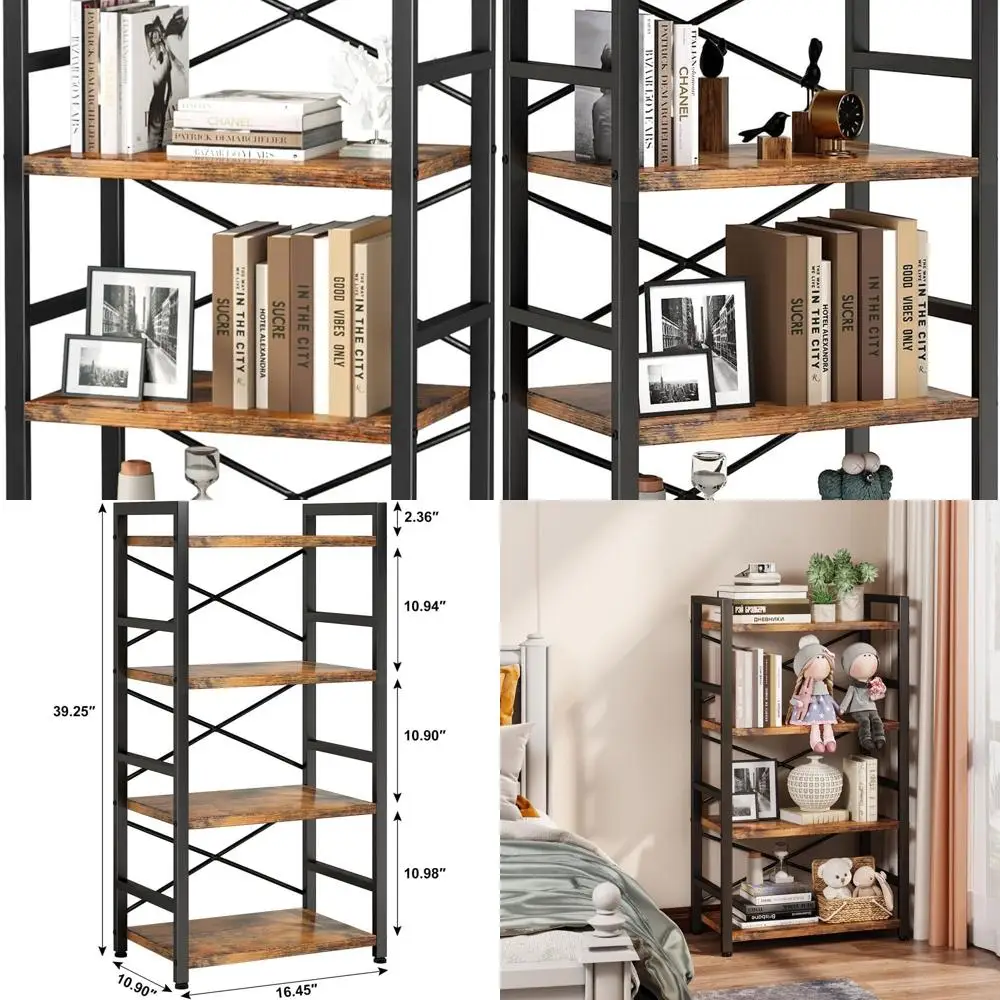 

Компактная 4-уровневая металлическая книжная полка — коричневый в деревенском стиле, хранилище и организация для дома и офиса