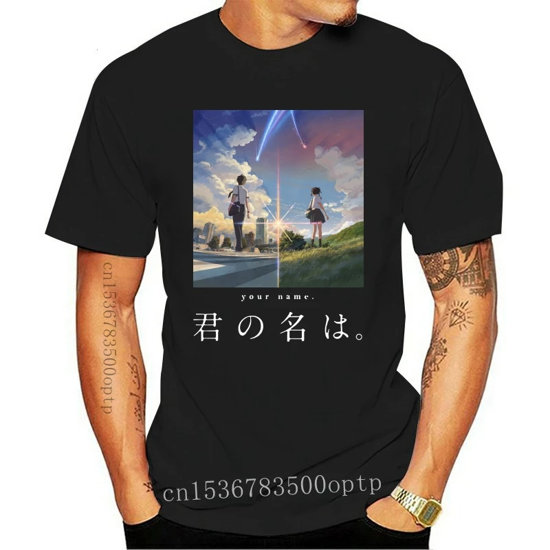 New Your Name Anime Kimi No Na Wa Mitsuha Harajuku Men Round Neck T Shirts Man Fashion Cotton Tops Black Size S-3XL