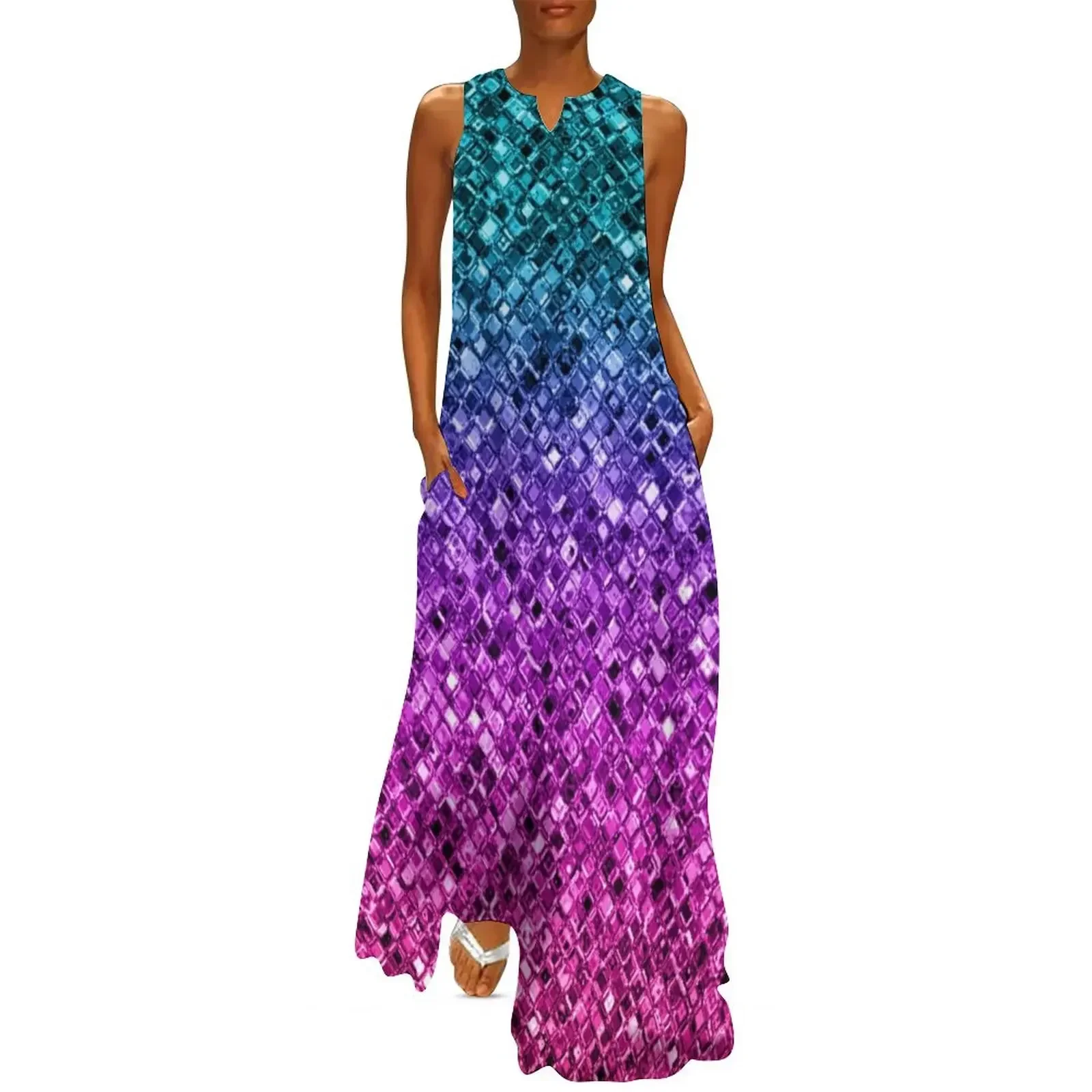 

Teal Purple Pink Gradient Faux Sparkly Sequins Long Dress evening dress Long dress woman Women's long