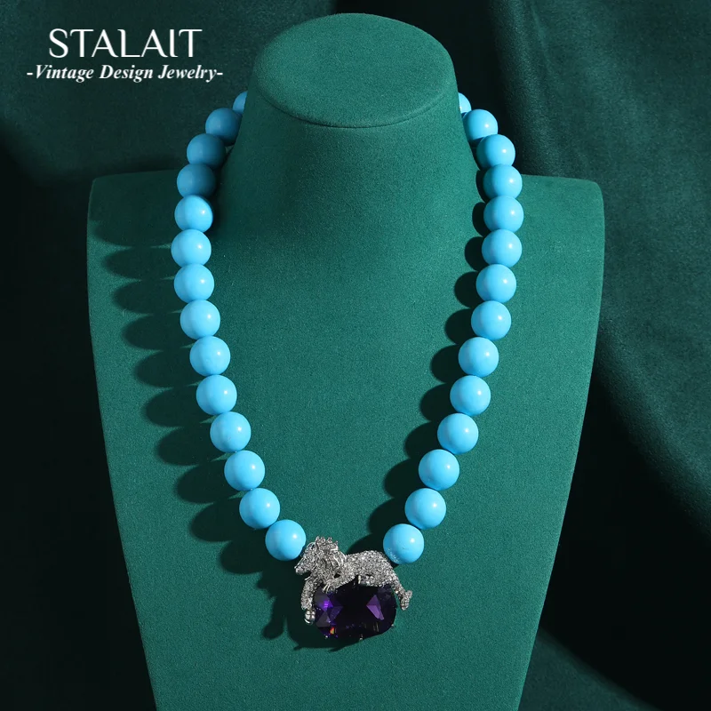 

Vintage Leopard Sea Blue Turquoise Necklace Rhinestones Purple Crystal Pendant Natural Stone Beaded Woman Accessories Jewelry