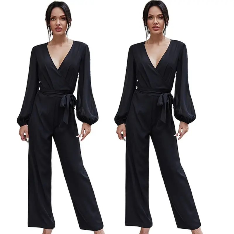 Women Long Sleeve Sexy Wrap V-Neck Jumpsuit Wide Leg Pants Tie Waist Loose Rompers Office Lady Cocktail Black Clubwear