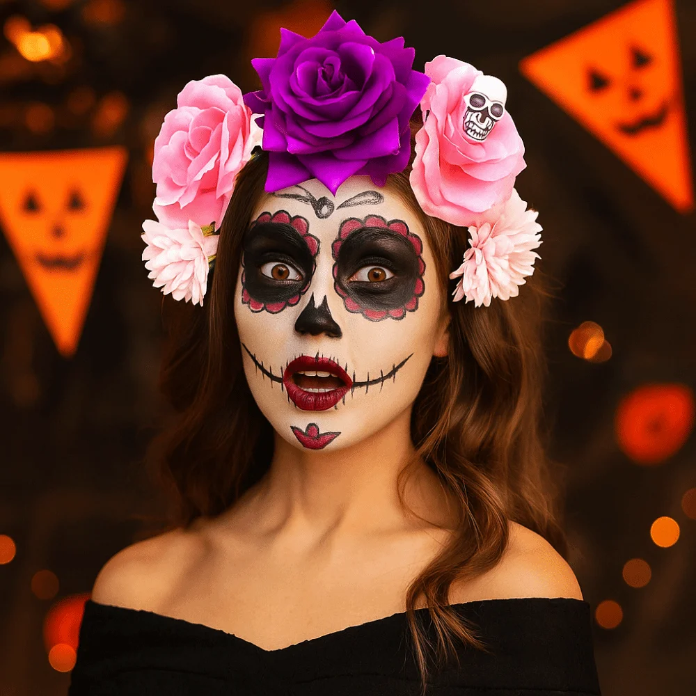 Diadema de plástico fresca para Halloween, aro de pelo Floral gótico con calavera, disfraz de Halloween, tocado de fiesta con garra fantasma para niña