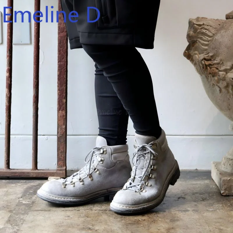 Grey Suede High Top Shoes Fashionable Lace Up Design Round Toe Thick Sole Vintage Distressed Casual Versatile Flat Shoes