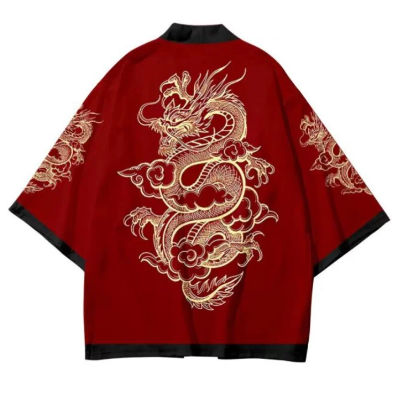 Summer Japanese Style Anime Dragon Print Cosplay Haori Yukata Top Adult Traditional Samurai Loose Kimono Cardigan for Men Women