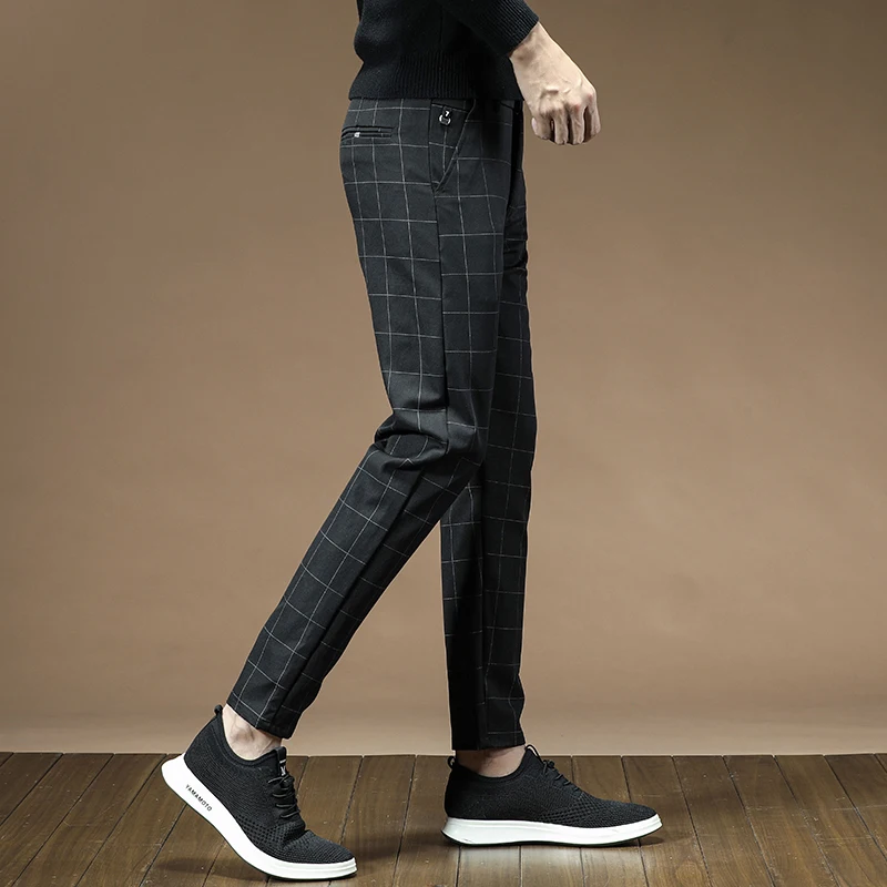 Men's Dress Pants Fashion Plaid Stripe Business Slim Fit Office Classic Retro Suit Pant Korean British Style Wedding Trousers