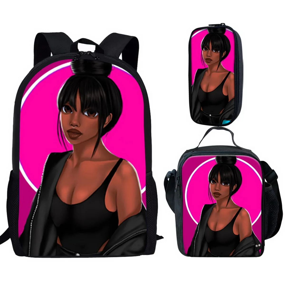 Novedad Popular, genial chica africana, impresión 3D, 3 unids/set, mochilas escolares para alumnos, mochila para ordenador portátil, bolsa de almuerzo, estuche para lápices