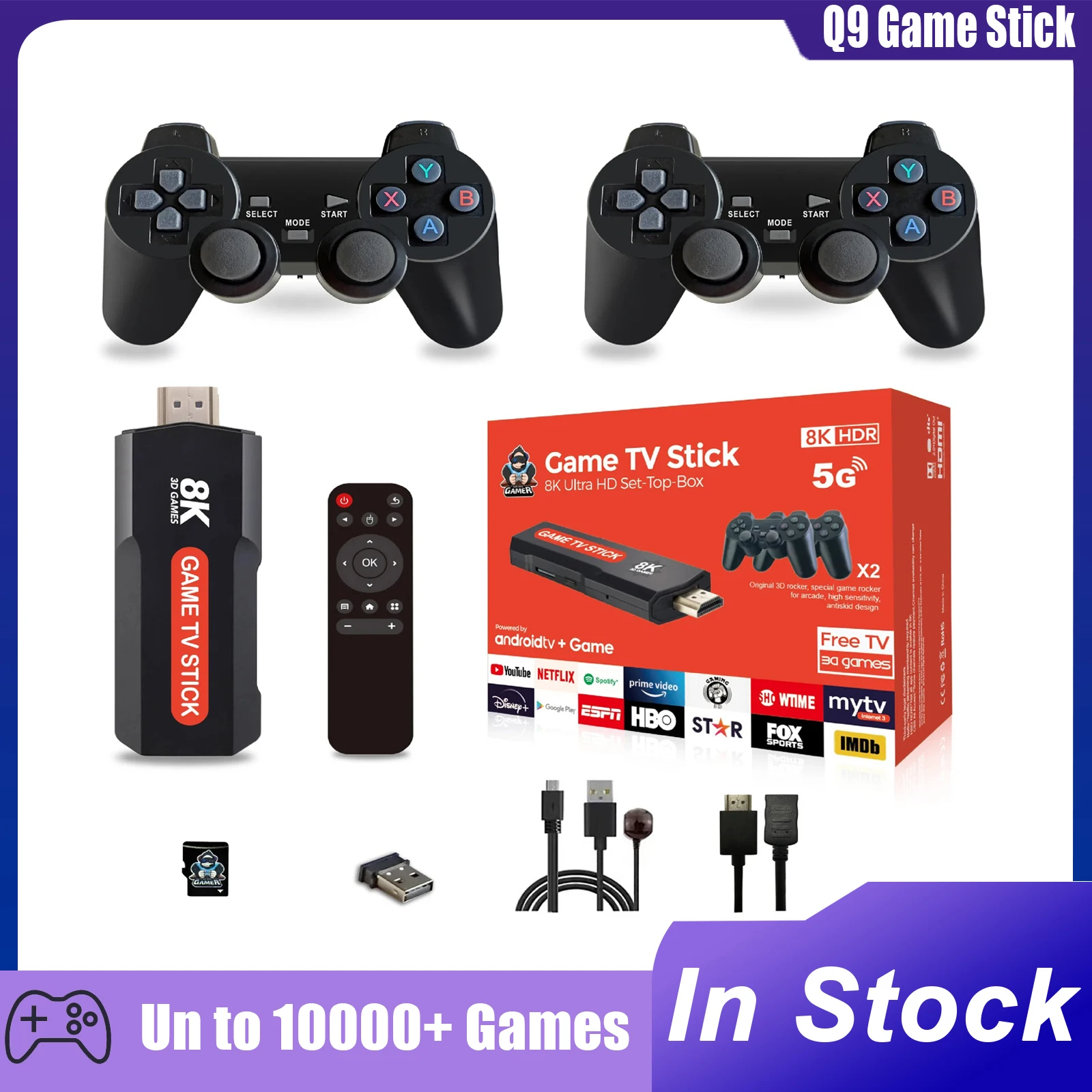 

Q9 Game Stick Retro Video Games Console with Wireless Controller 64G USB 2.0 Dual System 8K TV Sticks 10000+ Games Children