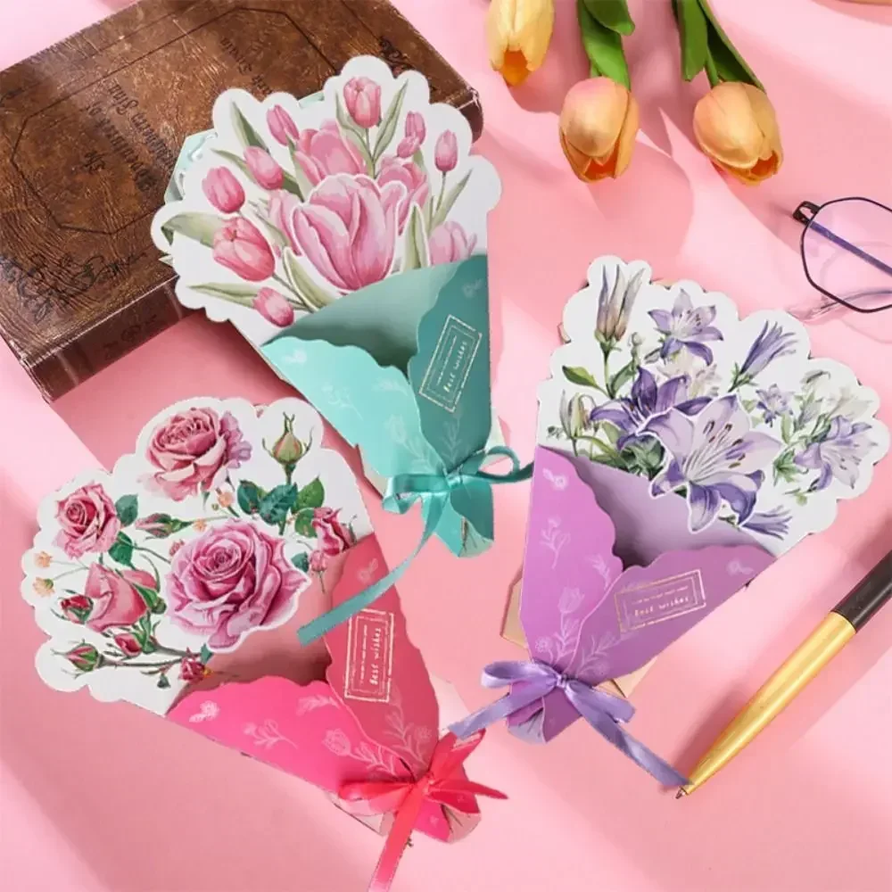 

10pcs Flower Pattern 3D Foldable Bouquet Greeting Card Mother's Day Thank You Gift Message Card Birthday DIY Flower Bow Card