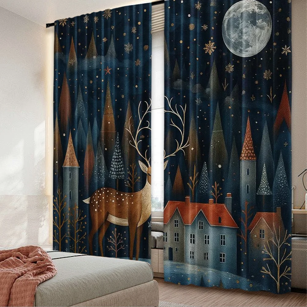 2D الطباعة المسطحة 2PCS عيد ميلاد سعيد الستائر العصرية عشية عيد الميلاد في مدينة الثلج والنجوم والقمر والرنة الرقمية المطبوعة