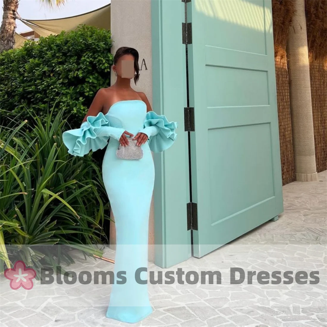 Blooms Strapless Slim Fit Prom Dress With Tiered Long Gloves Arabia Formal Occasion Gown Simple Party Dresses فساتين سهرة