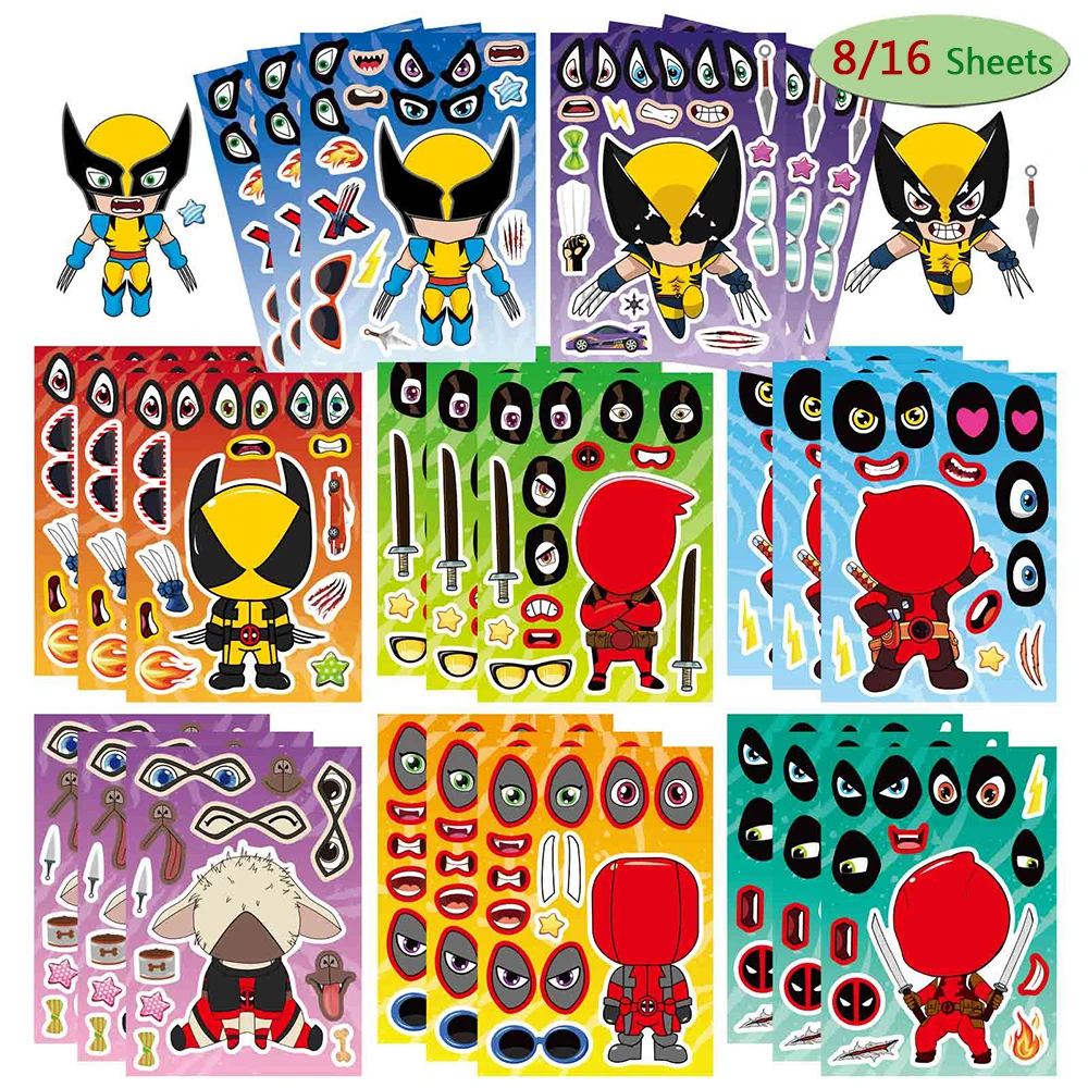 8/16Sheets DIY Marvel Deadpool Wolverine Make a Face Puzzle Stickers Disney Cartoon Assemble Jigsaw Decals Kids Toys Games Gifts