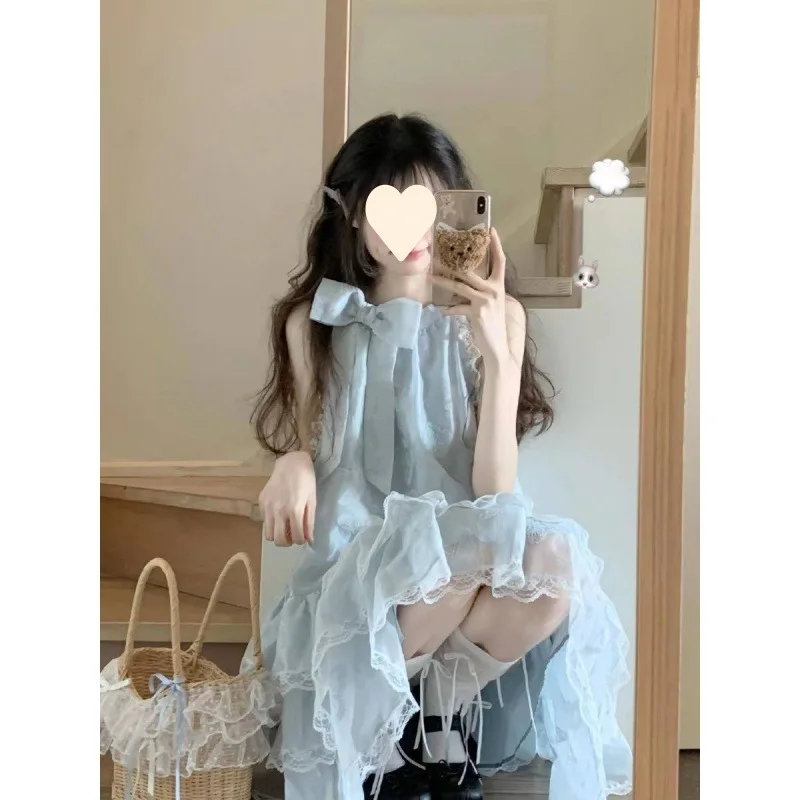 

Mint Manbo Blue Bow Dress Women's Summer New Lace Lace Hanging Neck Pong Short Skirt