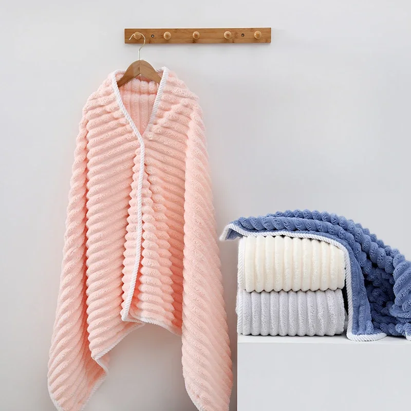 

Coral fleece striped large bath towel with enlarged and thickened design soft and absorbent worn or wrapped in a large cloak