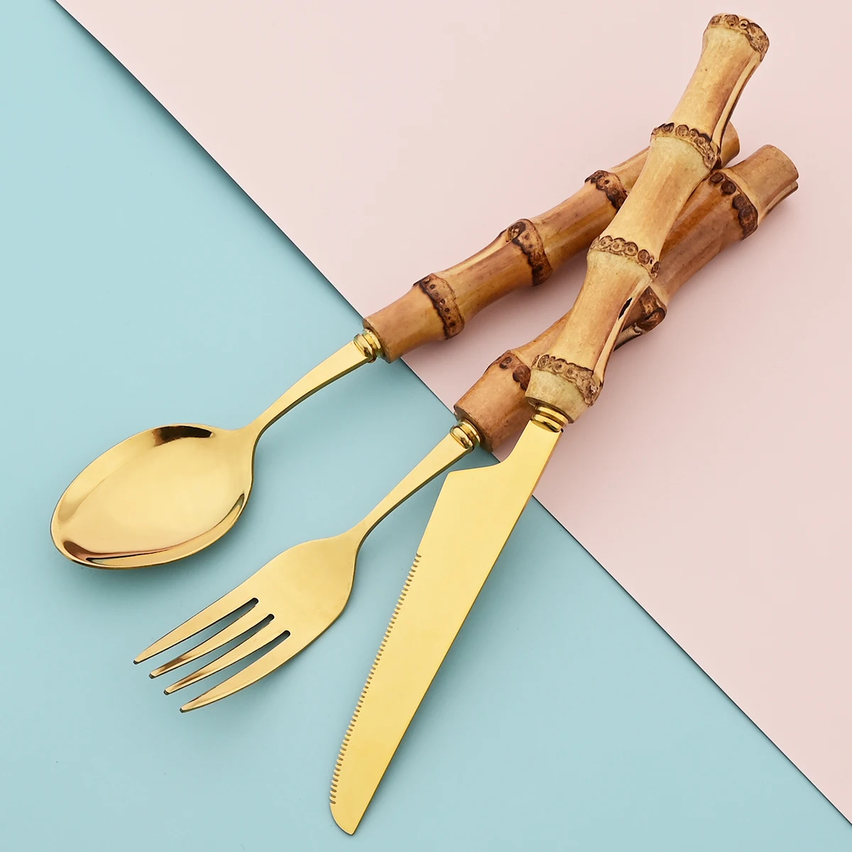 20Pcs Gold Stainless Steel Cutlery Set Wood Bamboo Root Handle Dinnerware Knife Tea Spoon Cake Fork Tableware Kitchen Silverware