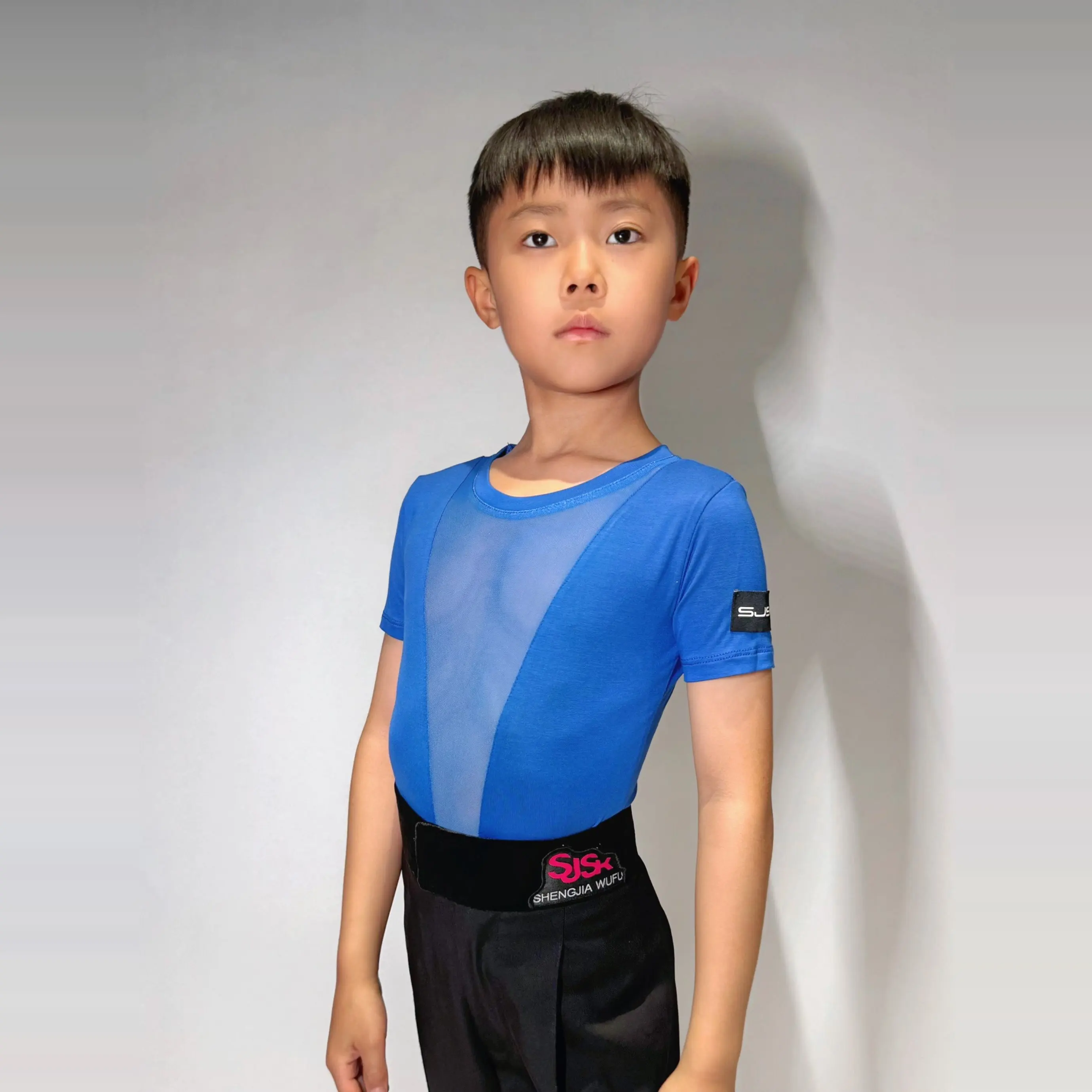 Boys Latin Dance Tops Mesh Patchwork Short Sleeve Shirts Chacha Rumba Tango Dance Children Latin Dance Performance Wear DN20277
