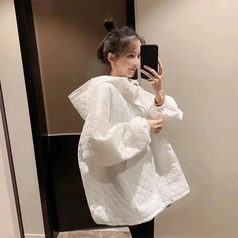 2023 New Solid Color Korean Edition Cotton Clip Versatile Solid Color Hooded Top Thickened Loose and Fashionable Sweater  Women