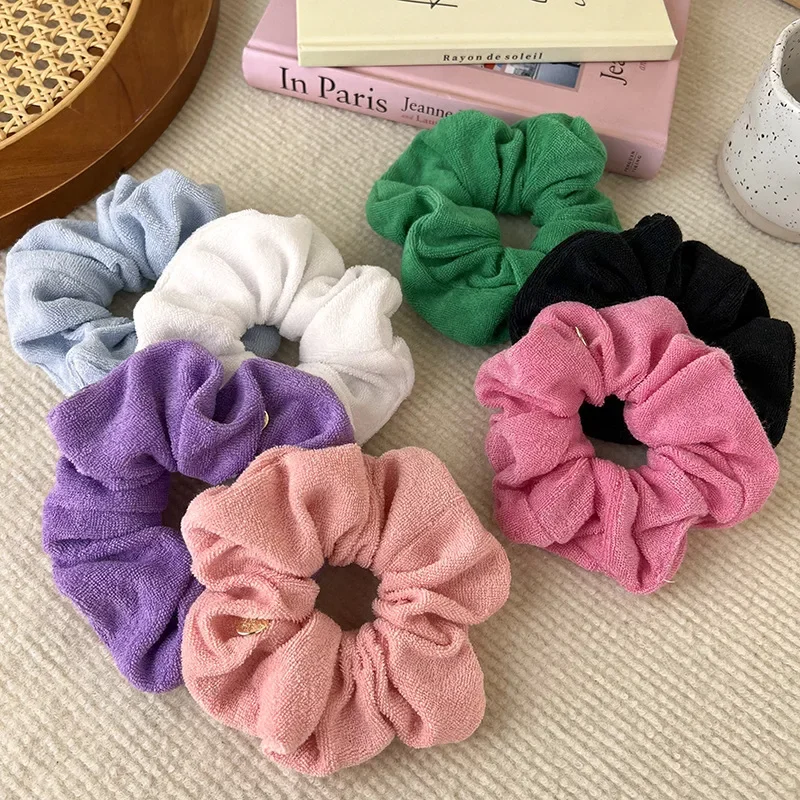 Solid Soft Plush Wide Head Rope Womens Girls Ponytail Holder Hair Tie Fluffy Rubber Band Towel Fabric Hair Band Hair Accessories