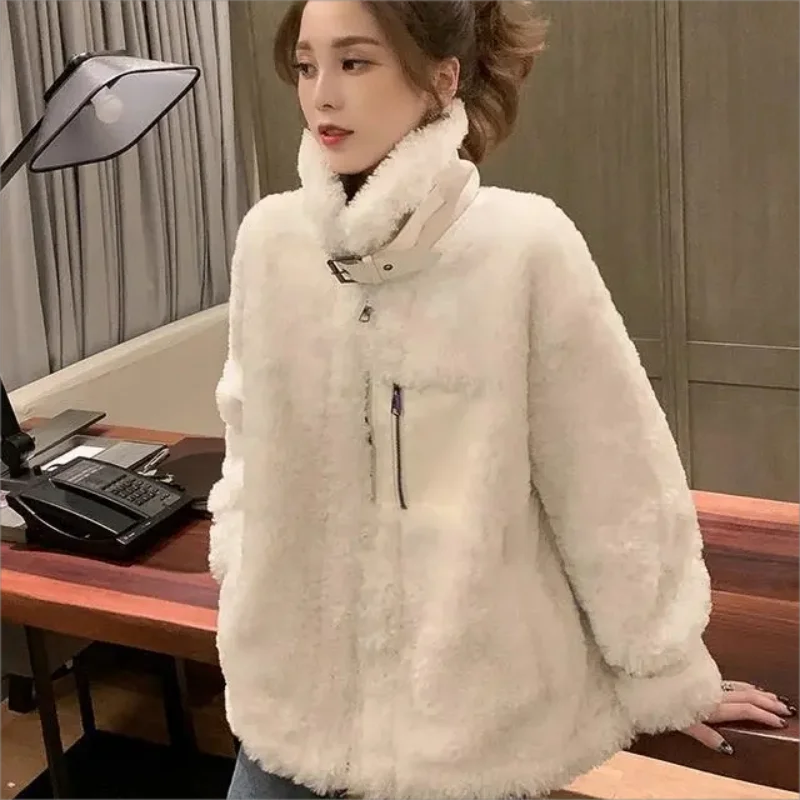 Korean Thick Cashmere Coat Women Fashion Stand-Up Collar Faux Fur Outwear Fur All-in-one Motorcycle Jacket Coat