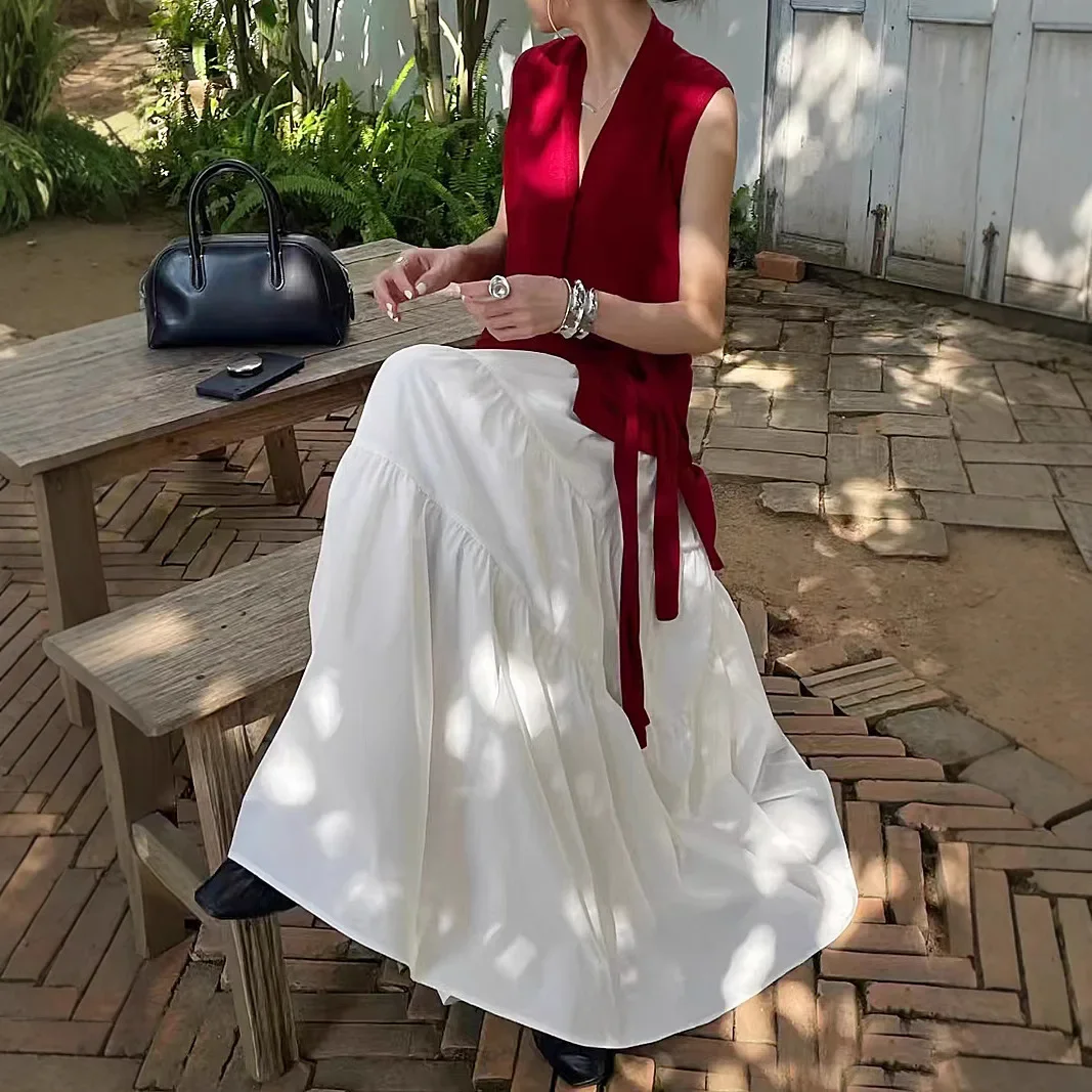

2026 Spring Summer New Cotton Double Layer White Elegant Elastic Waist Half Skirt Long Dress Splice Long Skirt