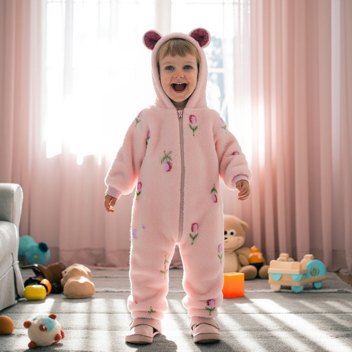 Toddler Jumpsuits Warm Hooded Winter Printing Baby Girls Rompers Cute Long Sleeve