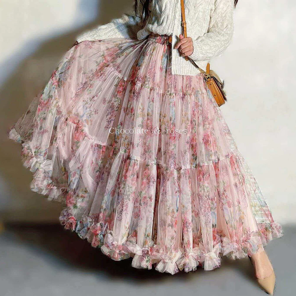 French romantic wind floral mesh skirt female high waist and thin A word big pendulum cake skirt fairy long dress