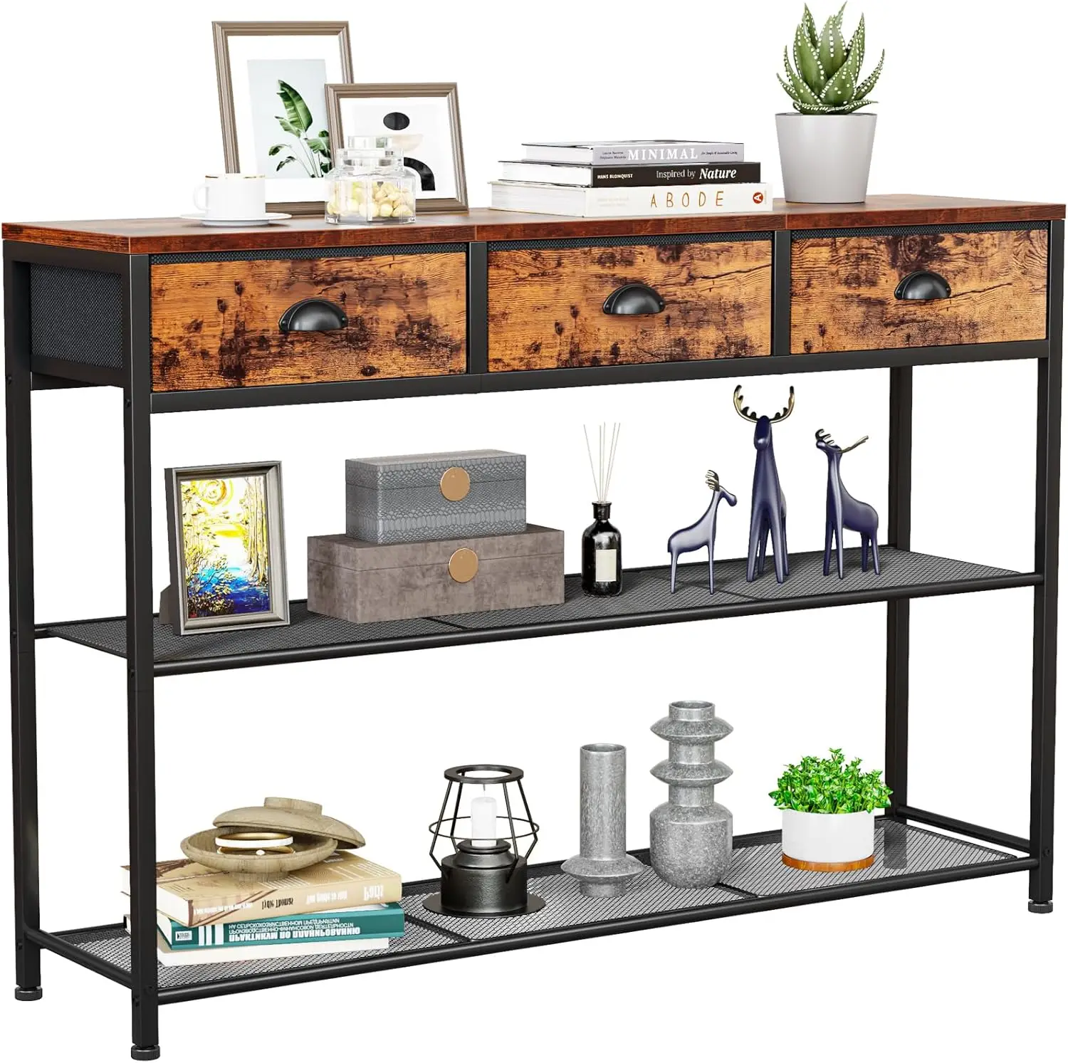 Entryway Table, 38'' Console Sofa Table with 3 Fabric Drawers, Industrial Entry Way Table with Storage Shelves, Display Shelf